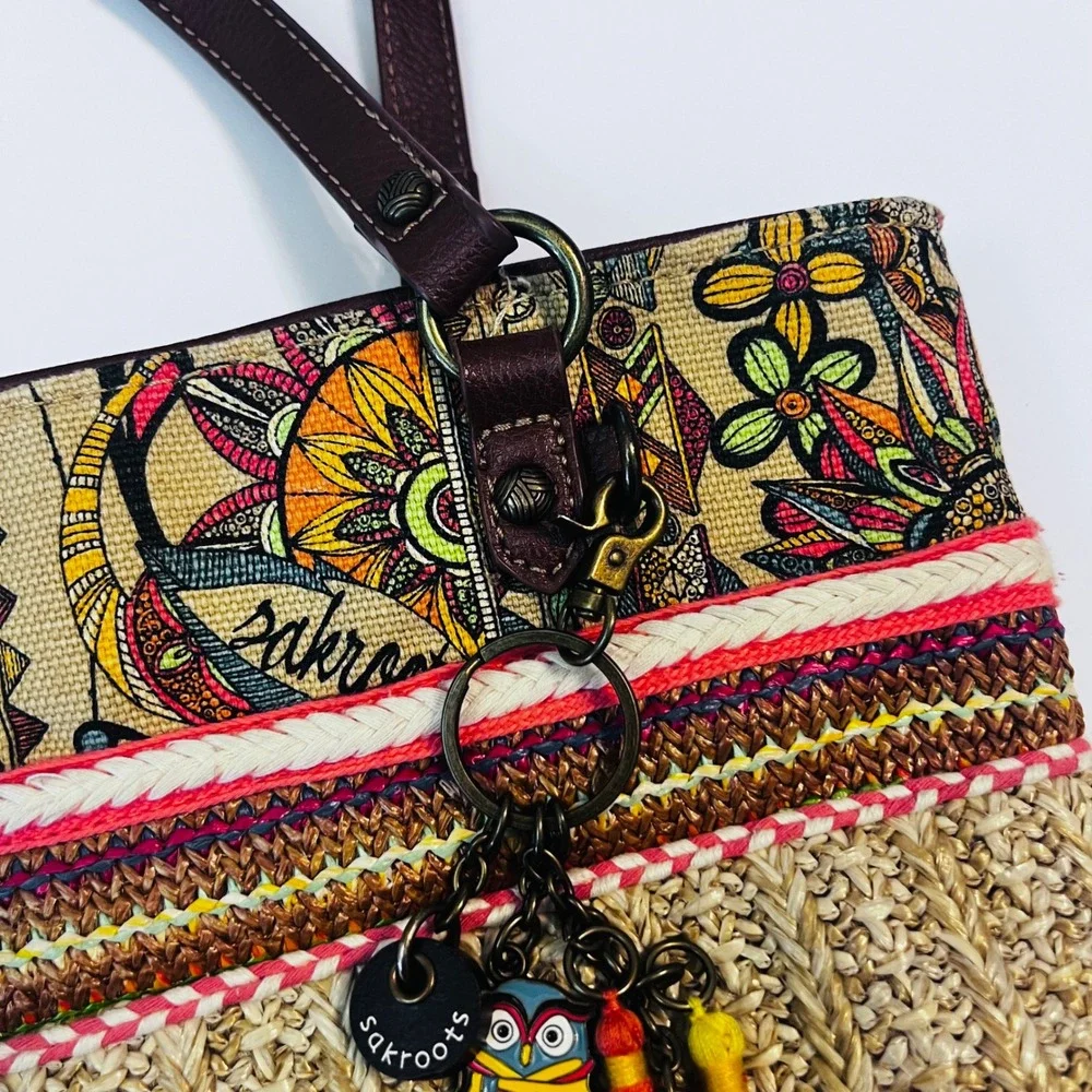 Sakroots Straw Satchel Bag Multicolor Print Tassels Boho Crossbody‎ Tote